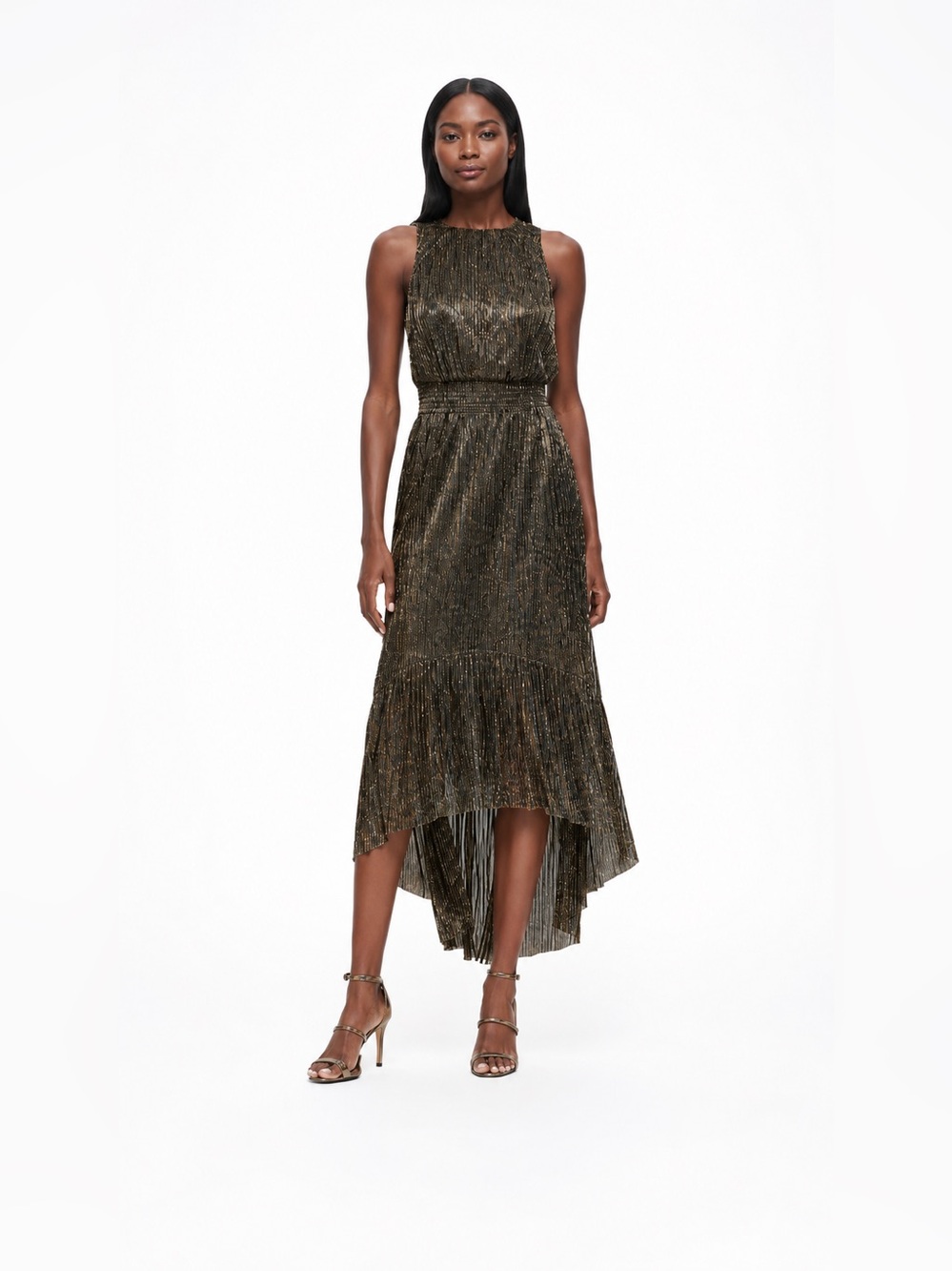 Banana Republic Metallic Pleated Asymmetrical Midi Dress Gold Bronze Sleeveless